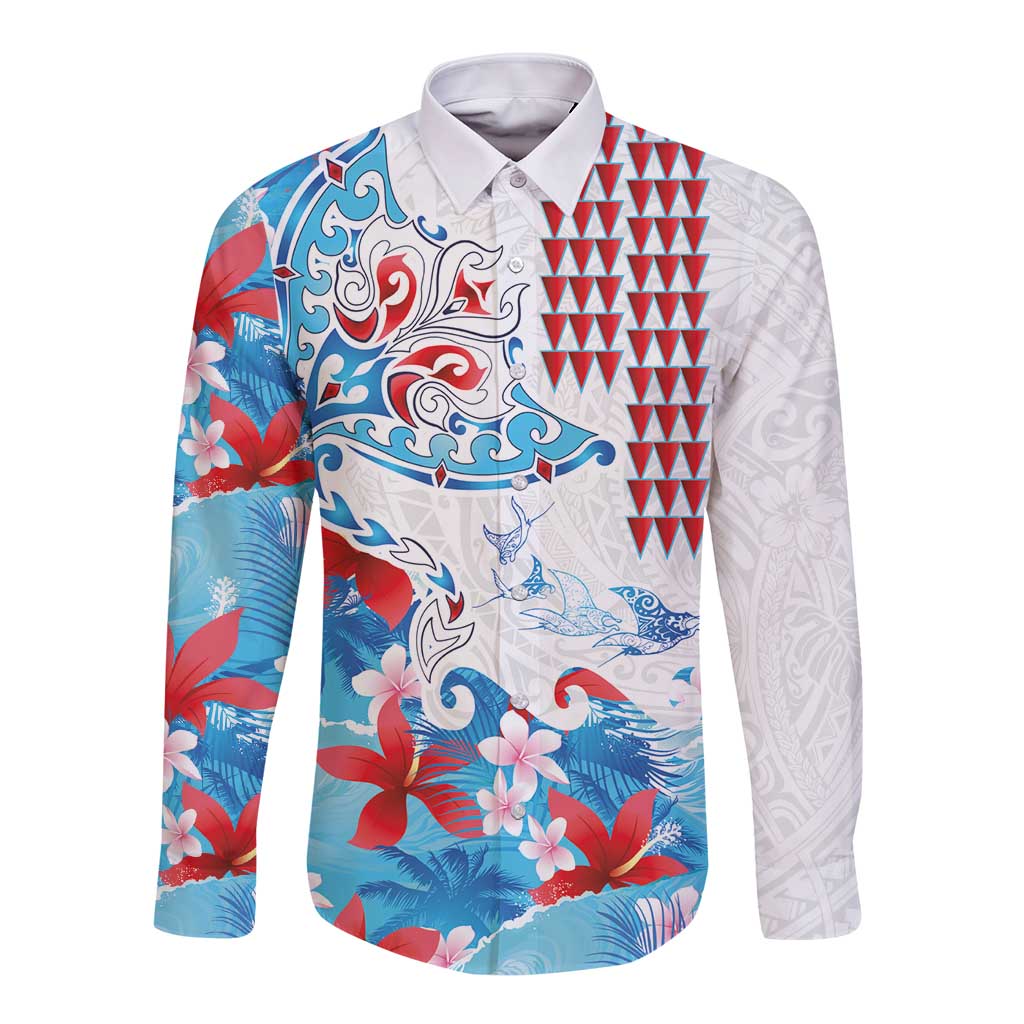 Hawaiian Tribal Manta Ray Long Sleeve Button Shirt Kakau Tattoo and Flowers Surfing Waves Pattern Ocean Color