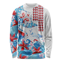 Hawaiian Tribal Manta Ray Long Sleeve Shirt Kakau Tattoo and Flowers Surfing Waves Pattern Ocean Color LT03 Unisex Multicolor - Polynesian Pride