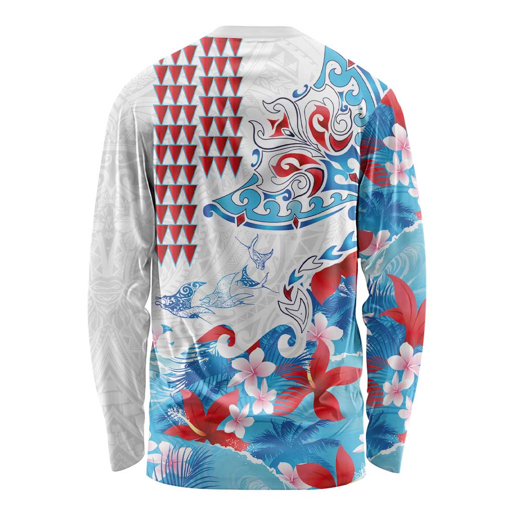 Hawaiian Tribal Manta Ray Long Sleeve Shirt Kakau Tattoo and Flowers Surfing Waves Pattern Ocean Color LT03 - Polynesian Pride