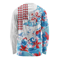 Hawaiian Tribal Manta Ray Long Sleeve Shirt Kakau Tattoo and Flowers Surfing Waves Pattern Ocean Color LT03 - Polynesian Pride