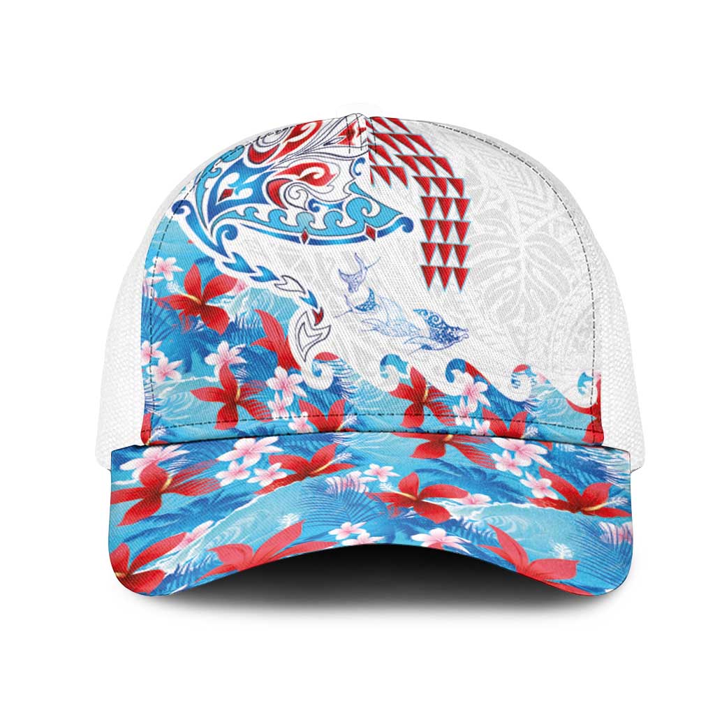 Hawaiian Tribal Manta Ray Mesh Trucker Cap Kakau Tattoo and Flowers Surfing Waves Pattern Ocean Color LT03 One Size White Multicolor - Polynesian Pride