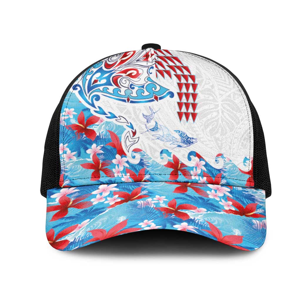 Hawaiian Tribal Manta Ray Mesh Trucker Cap Kakau Tattoo and Flowers Surfing Waves Pattern Ocean Color LT03 One Size Black Multicolor - Polynesian Pride