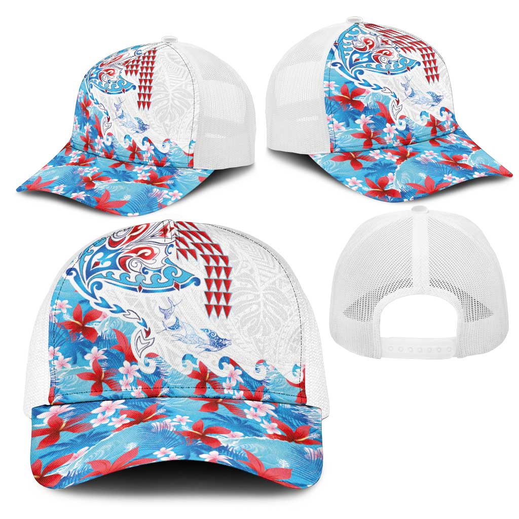Hawaiian Tribal Manta Ray Mesh Trucker Cap Kakau Tattoo and Flowers Surfing Waves Pattern Ocean Color LT03 - Polynesian Pride