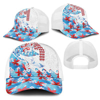 Hawaiian Tribal Manta Ray Mesh Trucker Cap Kakau Tattoo and Flowers Surfing Waves Pattern Ocean Color LT03 - Polynesian Pride
