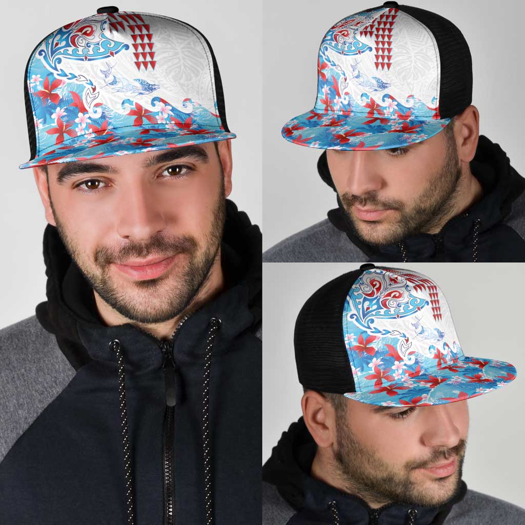 Hawaiian Tribal Manta Ray Mesh Trucker Cap Kakau Tattoo and Flowers Surfing Waves Pattern Ocean Color LT03 - Polynesian Pride