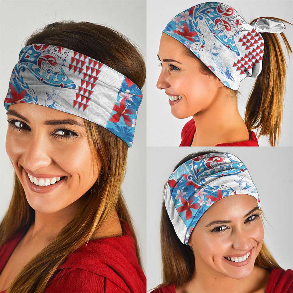 Hawaiian Tribal Manta Ray Neck Gaiter Kakau Tattoo and Flowers Surfing Waves Pattern Ocean Color