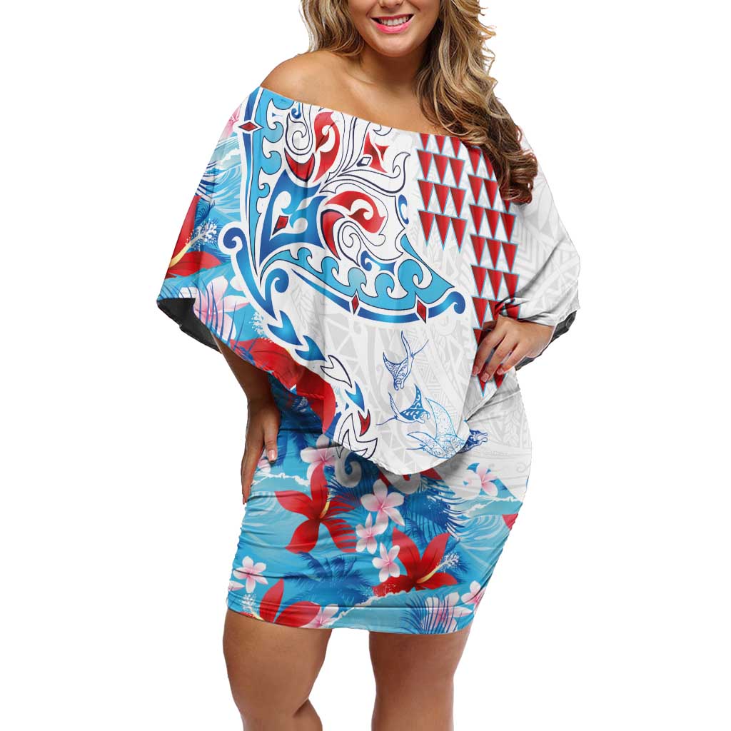 Hawaiian Tribal Manta Ray Off Shoulder Short Dress Kakau Tattoo and Flowers Surfing Waves Pattern Ocean Color LT03 Women Multicolor - Polynesian Pride