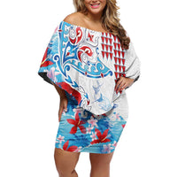 Hawaiian Tribal Manta Ray Off Shoulder Short Dress Kakau Tattoo and Flowers Surfing Waves Pattern Ocean Color LT03 Women Multicolor - Polynesian Pride