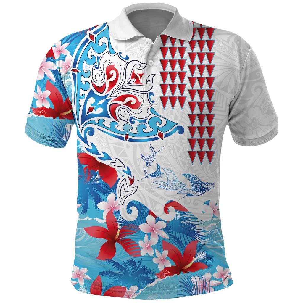 Hawaiian Tribal Manta Ray Polo Shirt Kakau Tattoo and Flowers Surfing Waves Pattern Ocean Color LT03 Multicolor - Polynesian Pride