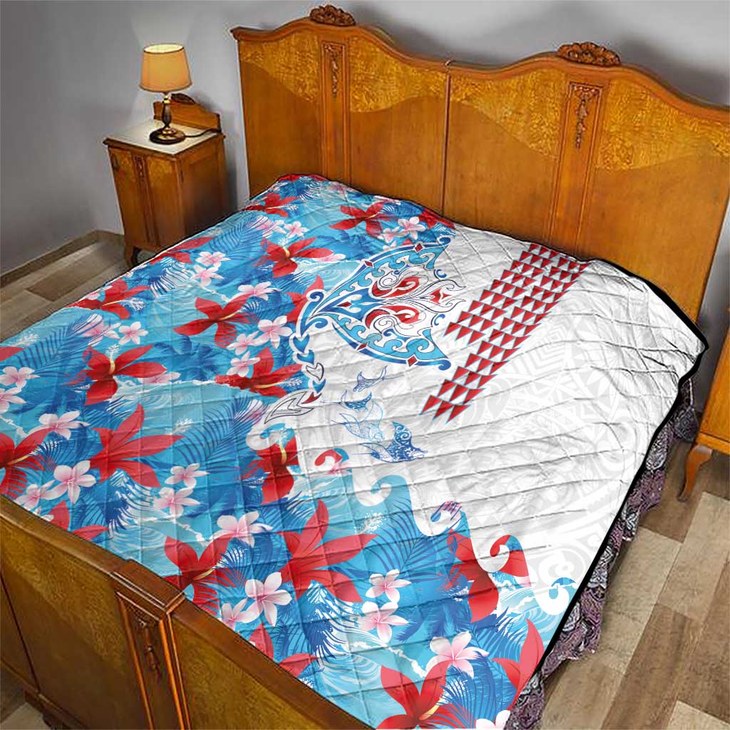 Hawaiian Tribal Manta Ray Quilt Kakau Tattoo and Flowers Surfing Waves Pattern Ocean Color LT03 - Polynesian Pride