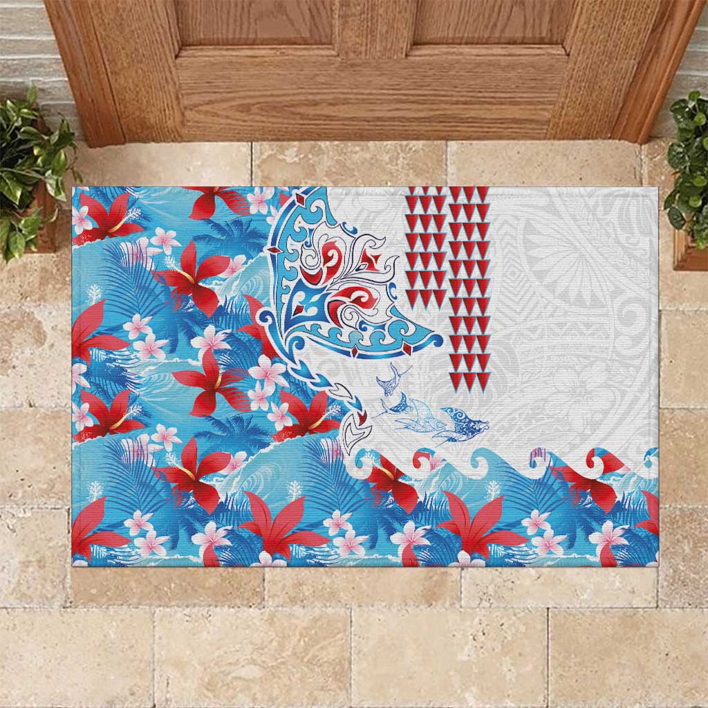 Hawaiian Tribal Manta Ray Rubber Doormat Kakau Tattoo and Flowers Surfing Waves Pattern Ocean Color