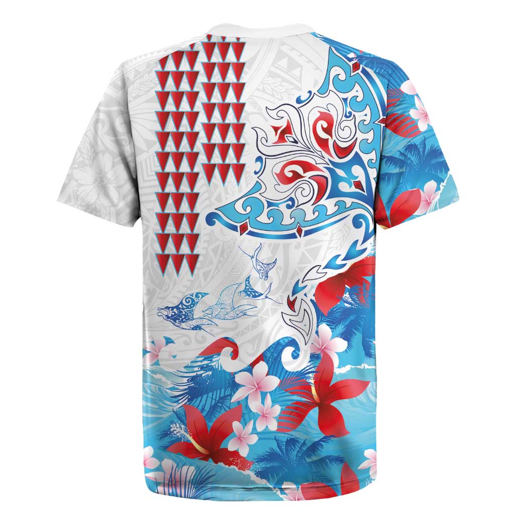 Hawaiian Tribal Manta Ray Rugby Jersey Kakau Tattoo and Flowers Surfing Waves Pattern Ocean Color