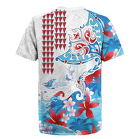Hawaiian Tribal Manta Ray Rugby Jersey Kakau Tattoo and Flowers Surfing Waves Pattern Ocean Color