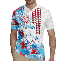 Hawaiian Tribal Manta Ray Rugby Jersey Kakau Tattoo and Flowers Surfing Waves Pattern Ocean Color