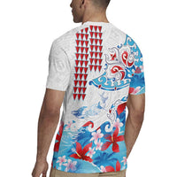 Hawaiian Tribal Manta Ray Rugby Jersey Kakau Tattoo and Flowers Surfing Waves Pattern Ocean Color