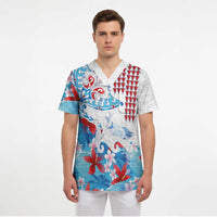 Hawaiian Tribal Manta Ray Scrub Top Kakau Tattoo and Flowers Surfing Waves Pattern Ocean Color