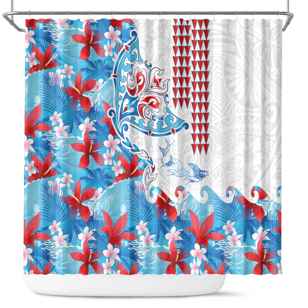 Hawaiian Tribal Manta Ray Shower Curtain Kakau Tattoo and Flowers Surfing Waves Pattern Ocean Color