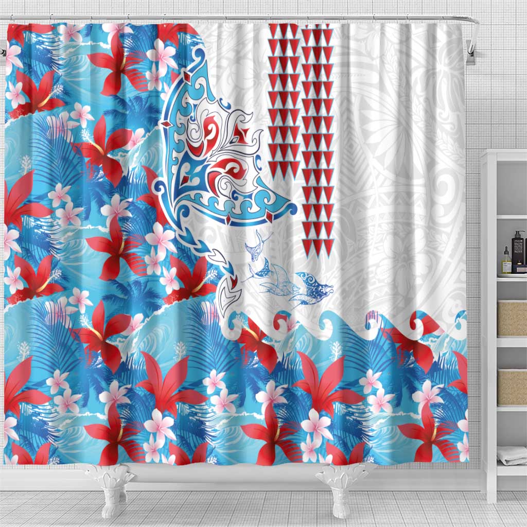 Hawaiian Tribal Manta Ray Shower Curtain Kakau Tattoo and Flowers Surfing Waves Pattern Ocean Color