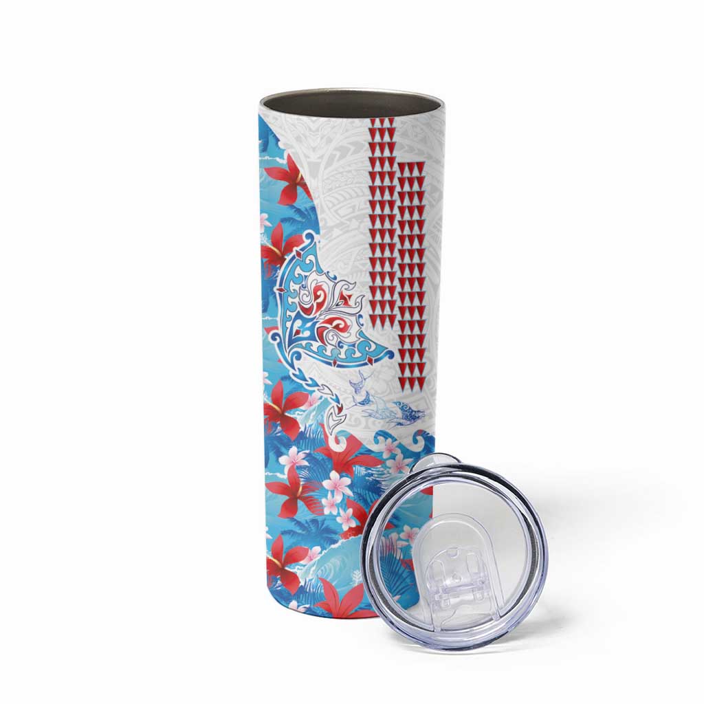 Hawaiian Tribal Manta Ray Skinny Tumbler Kakau Tattoo and Flowers Surfing Waves Pattern Ocean Color
