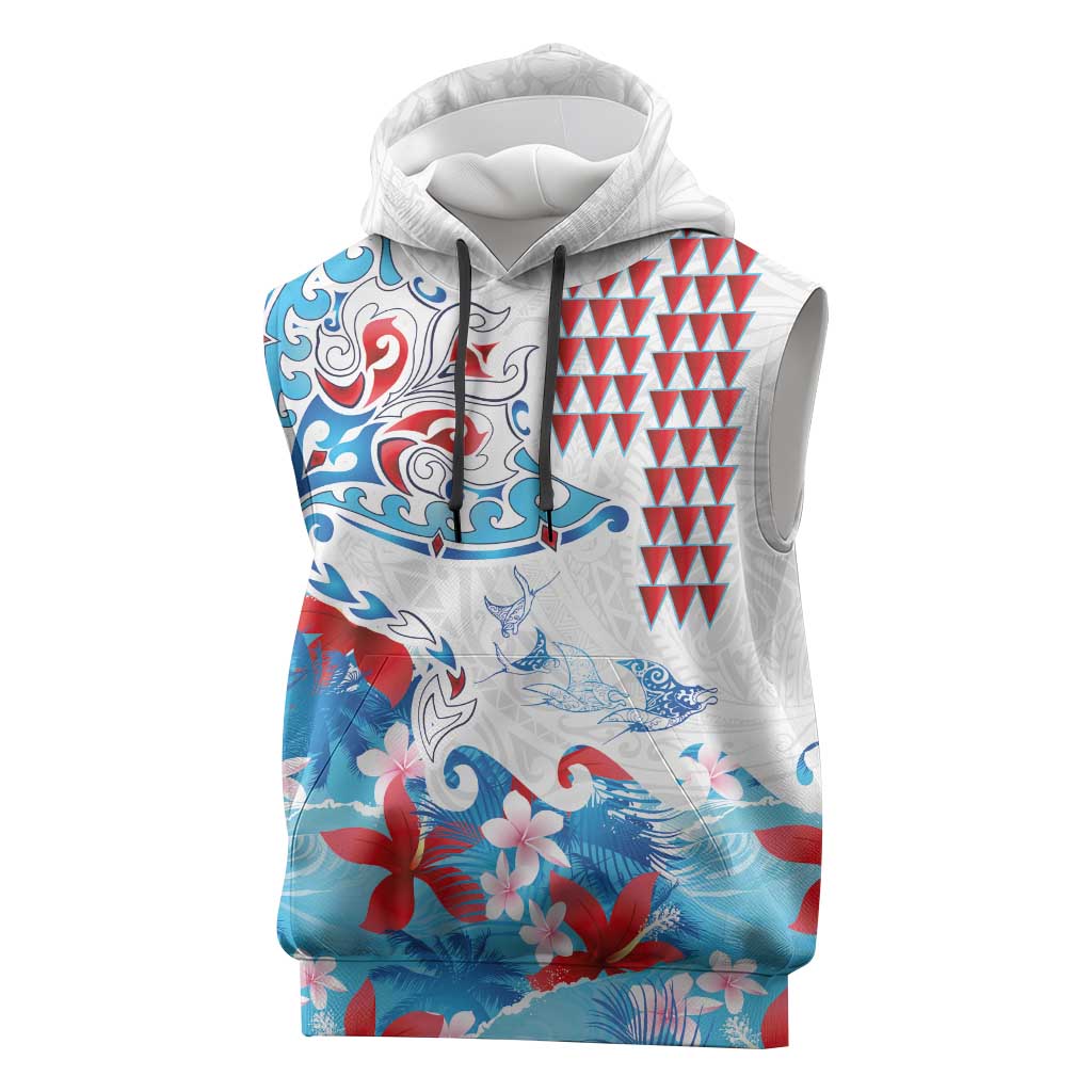 Hawaiian Tribal Manta Ray Sleeveless Hoodie Kakau Tattoo and Flowers Surfing Waves Pattern Ocean Color