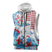 Hawaiian Tribal Manta Ray Sleeveless Zip Hoodie Kakau Tattoo and Flowers Surfing Waves Pattern Ocean Color LT03 Multicolor - Polynesian Pride
