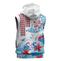 Hawaiian Tribal Manta Ray Sleeveless Zip Hoodie Kakau Tattoo and Flowers Surfing Waves Pattern Ocean Color LT03 - Polynesian Pride