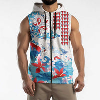 Hawaiian Tribal Manta Ray Sleeveless Zip Hoodie Kakau Tattoo and Flowers Surfing Waves Pattern Ocean Color LT03 - Polynesian Pride