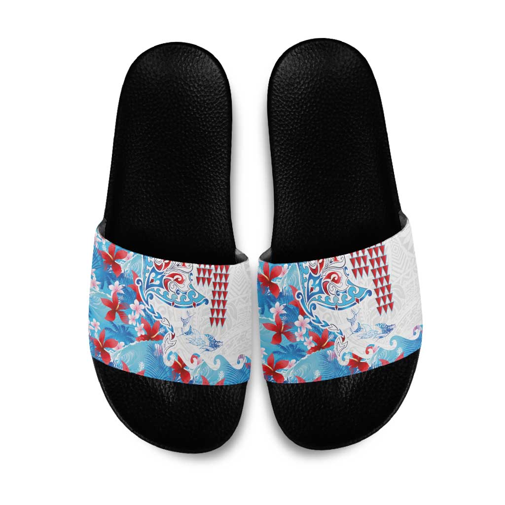 Hawaiian Tribal Manta Ray Slide Sandals Kakau Tattoo and Flowers Surfing Waves Pattern Ocean Color