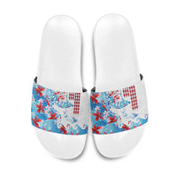 Hawaiian Tribal Manta Ray Slide Sandals Kakau Tattoo and Flowers Surfing Waves Pattern Ocean Color