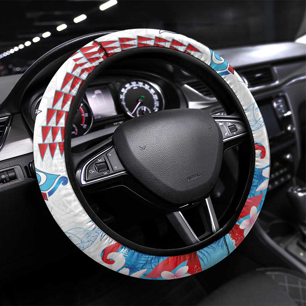 Hawaiian Tribal Manta Ray Steering Wheel Cover Kakau Tattoo and Flowers Surfing Waves Pattern Ocean Color LT03 Universal Fit Multicolor - Polynesian Pride