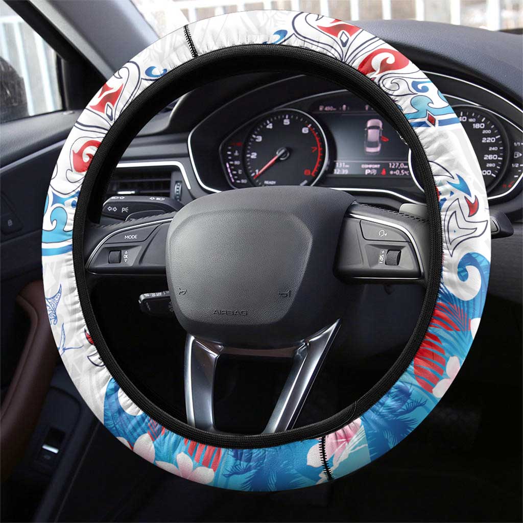 Hawaiian Tribal Manta Ray Steering Wheel Cover Kakau Tattoo and Flowers Surfing Waves Pattern Ocean Color LT03 - Polynesian Pride