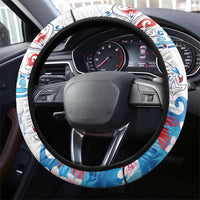 Hawaiian Tribal Manta Ray Steering Wheel Cover Kakau Tattoo and Flowers Surfing Waves Pattern Ocean Color LT03 - Polynesian Pride