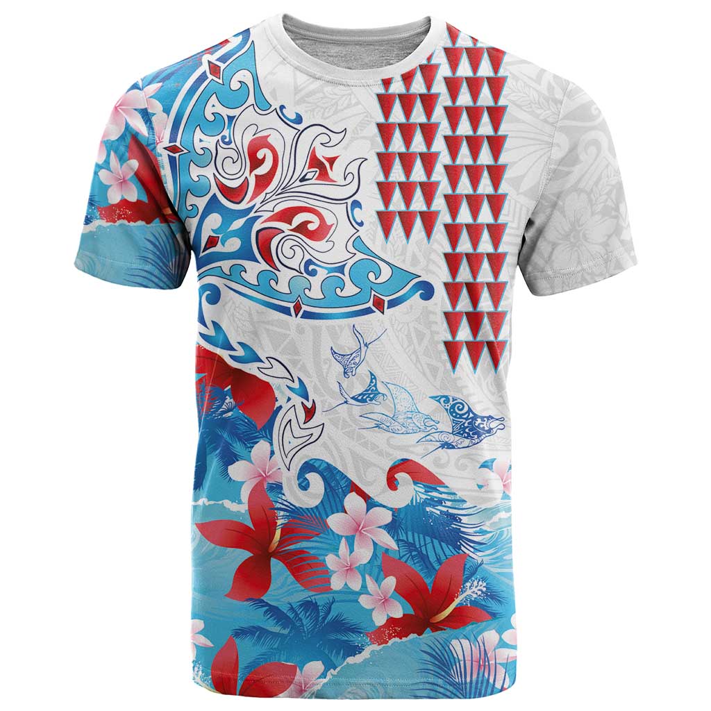 Hawaiian Tribal Manta Ray T Shirt Kakau Tattoo and Flowers Surfing Waves Pattern Ocean Color LT03 Multicolor - Polynesian Pride