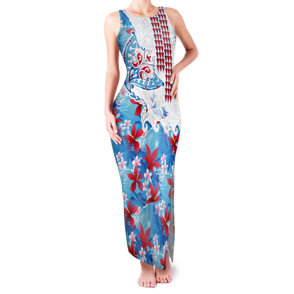Hawaiian Tribal Manta Ray Tank Maxi Dress Kakau Tattoo and Flowers Surfing Waves Pattern Ocean Color