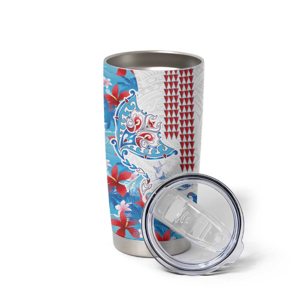 Hawaiian Tribal Manta Ray Tumbler Cup Kakau Tattoo and Flowers Surfing Waves Pattern Ocean Color