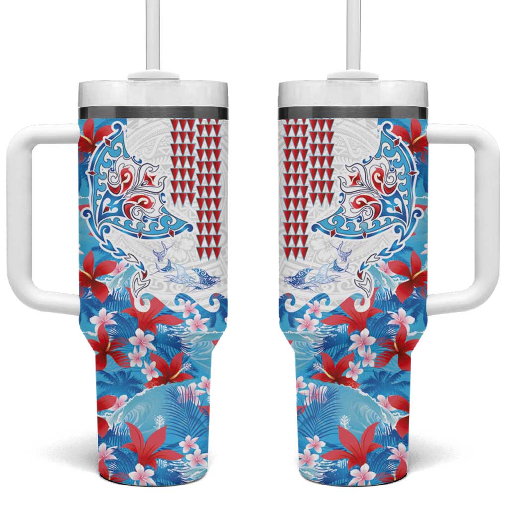 Hawaiian Tribal Manta Ray Tumbler With Handle Kakau Tattoo and Flowers Surfing Waves Pattern Ocean Color