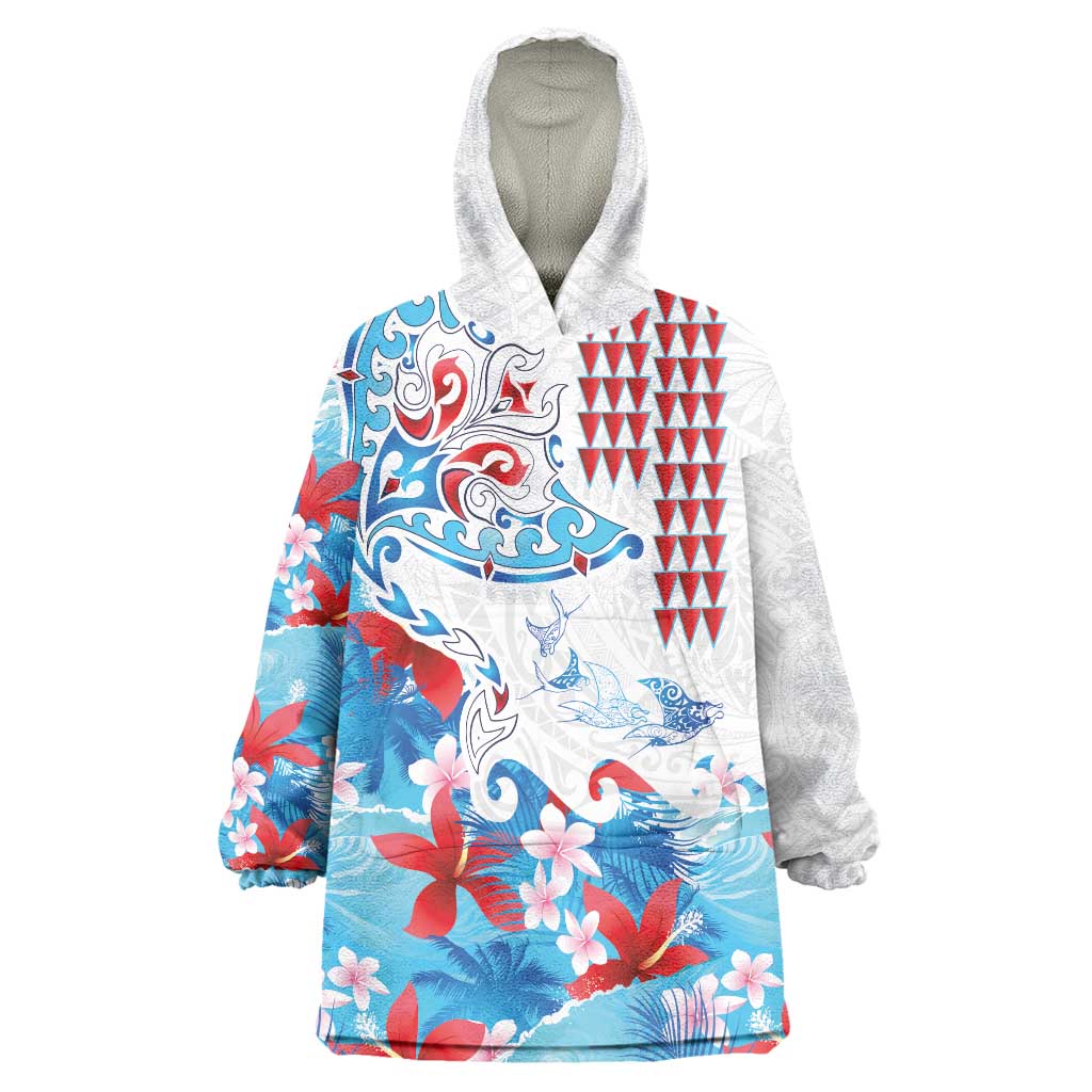 Hawaiian Tribal Manta Ray Wearable Blanket Hoodie Kakau Tattoo and Flowers Surfing Waves Pattern Ocean Color LT03 One Size Multicolor - Polynesian Pride