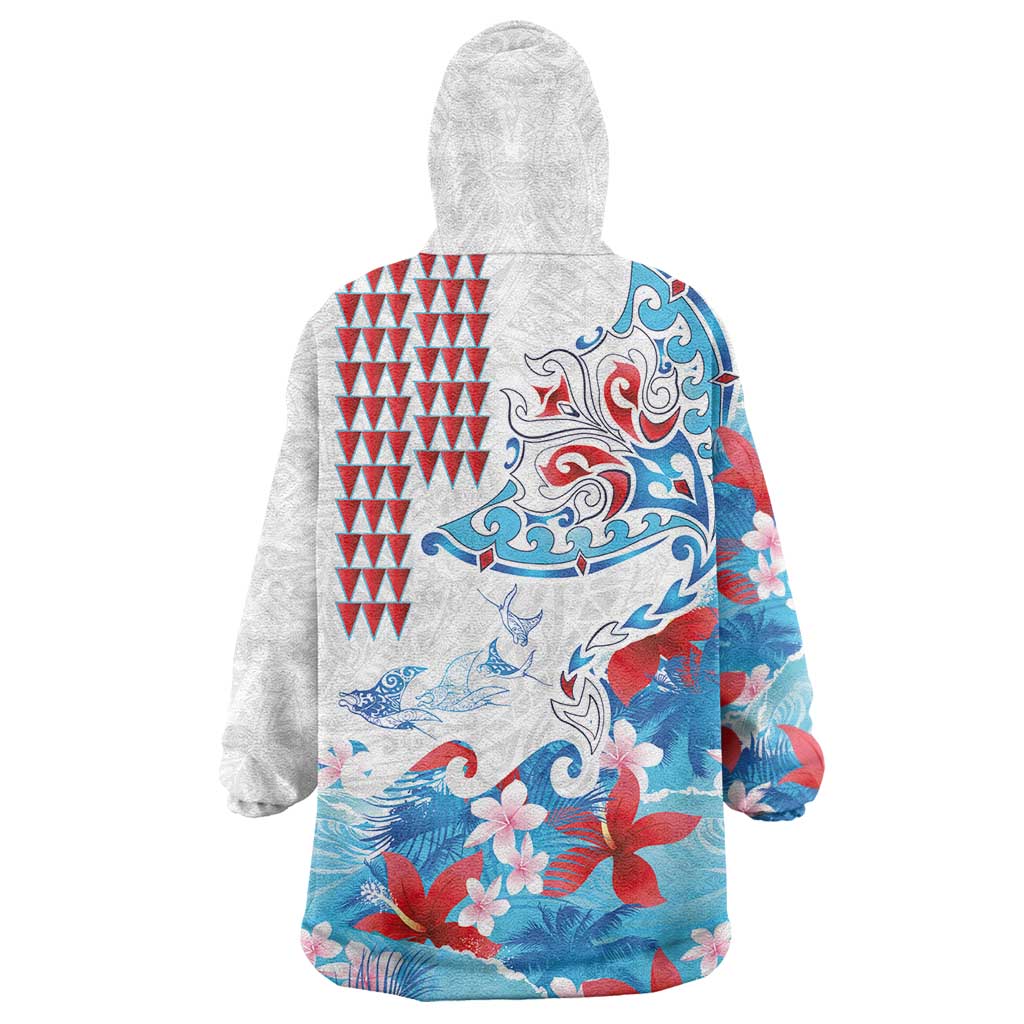Hawaiian Tribal Manta Ray Wearable Blanket Hoodie Kakau Tattoo and Flowers Surfing Waves Pattern Ocean Color LT03 - Polynesian Pride