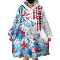 Hawaiian Tribal Manta Ray Wearable Blanket Hoodie Kakau Tattoo and Flowers Surfing Waves Pattern Ocean Color LT03 - Polynesian Pride