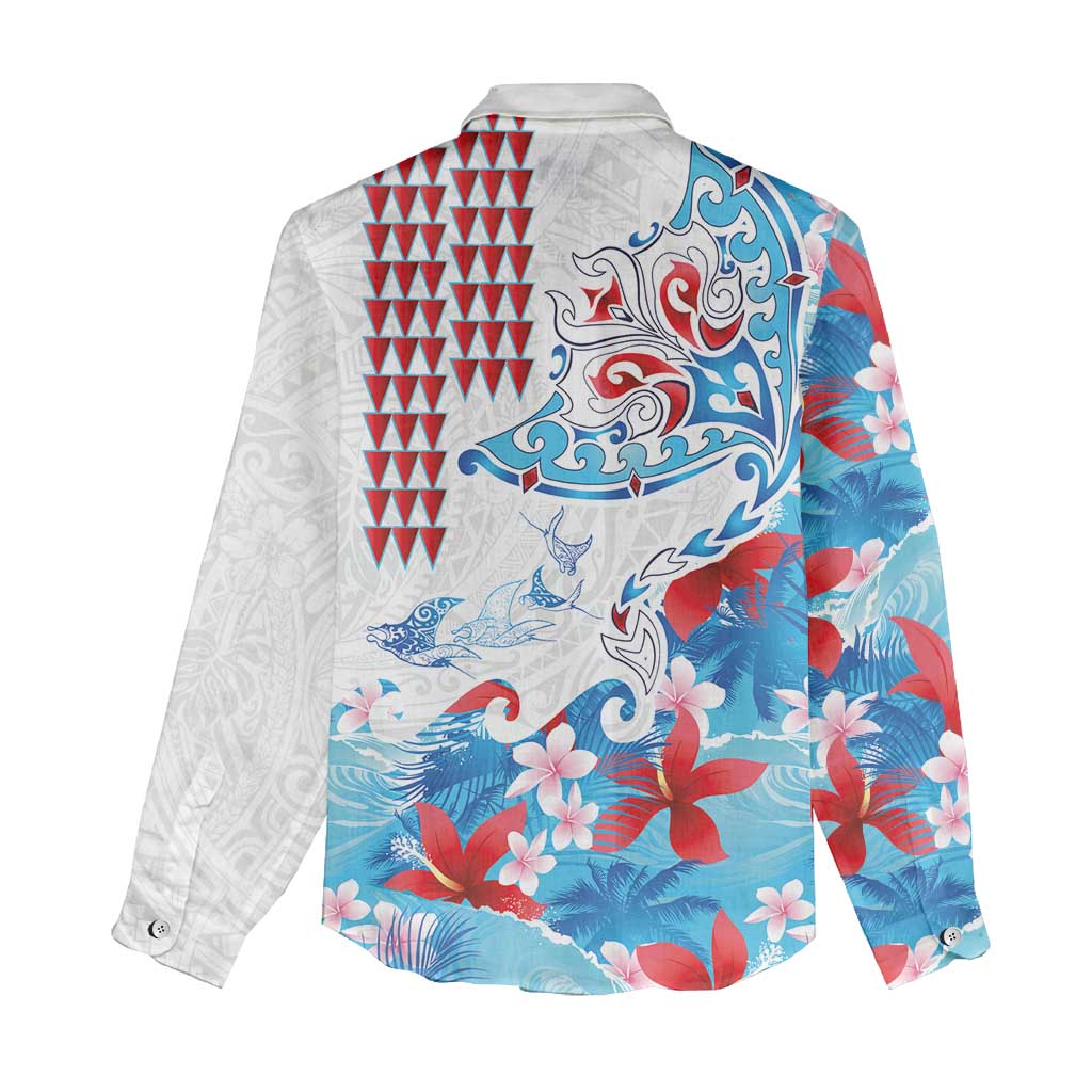 Hawaiian Tribal Manta Ray Women Casual Shirt Kakau Tattoo and Flowers Surfing Waves Pattern Ocean Color