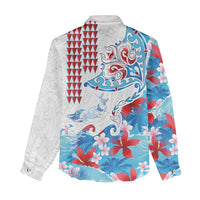 Hawaiian Tribal Manta Ray Women Casual Shirt Kakau Tattoo and Flowers Surfing Waves Pattern Ocean Color