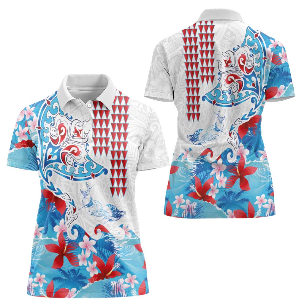 Hawaiian Tribal Manta Ray Women Polo Shirt Kakau Tattoo and Flowers Surfing Waves Pattern Ocean Color