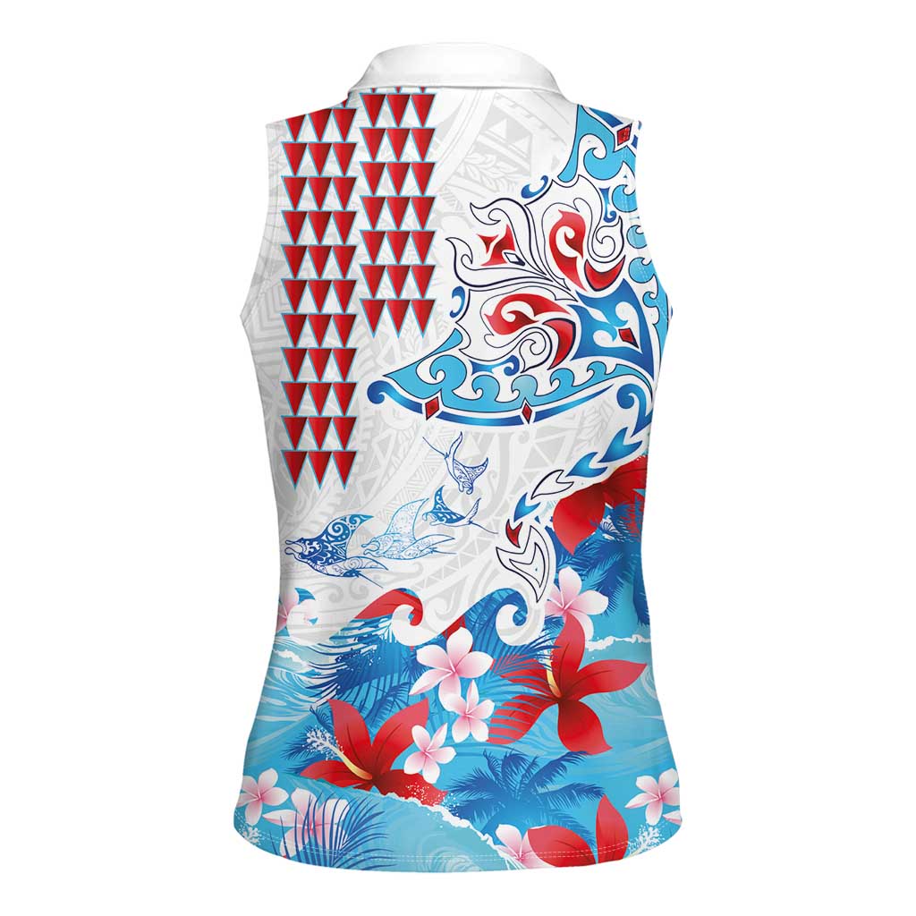 Hawaiian Tribal Manta Ray Women Sleeveless Polo Shirt Kakau Tattoo and Flowers Surfing Waves Pattern Ocean Color