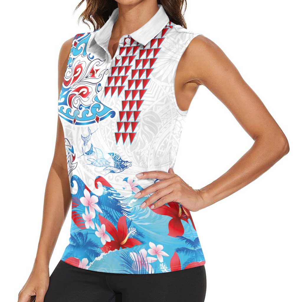 Hawaiian Tribal Manta Ray Women Sleeveless Polo Shirt Kakau Tattoo and Flowers Surfing Waves Pattern Ocean Color