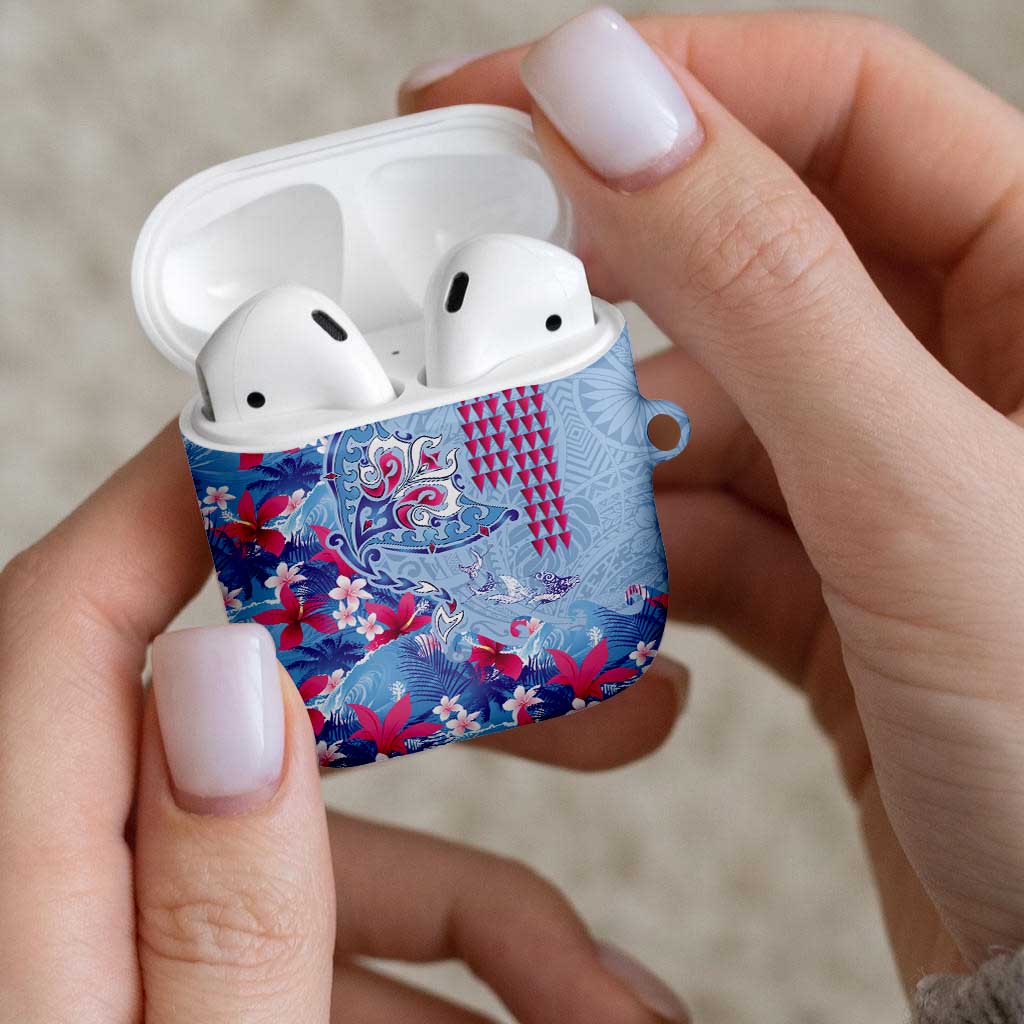 Hawaiian Tribal Manta Ray AirPods Case Kakau Tattoo and Flowers Surfing Waves Pattern Soft Color