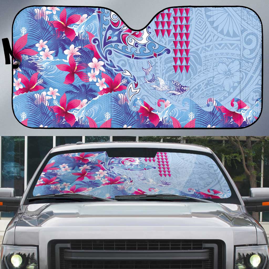 Hawaiian Tribal Manta Ray Auto Sun Shade Kakau Tattoo and Flowers Surfing Waves Pattern Soft Color