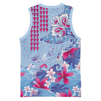 Hawaiian Tribal Manta Ray Basketball Jersey Kakau Tattoo and Flowers Surfing Waves Pattern Soft Color