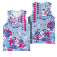Hawaiian Tribal Manta Ray Basketball Jersey Kakau Tattoo and Flowers Surfing Waves Pattern Soft Color