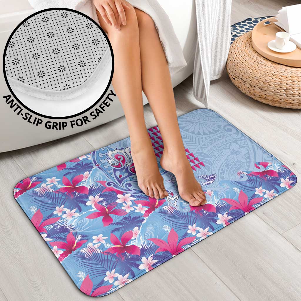Hawaiian Tribal Manta Ray Bathroom Set Kakau Tattoo and Flowers Surfing Waves Pattern Soft Color