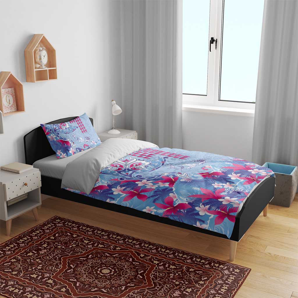 Hawaiian Tribal Manta Ray Bedding Set Kakau Tattoo and Flowers Surfing Waves Pattern Soft Color